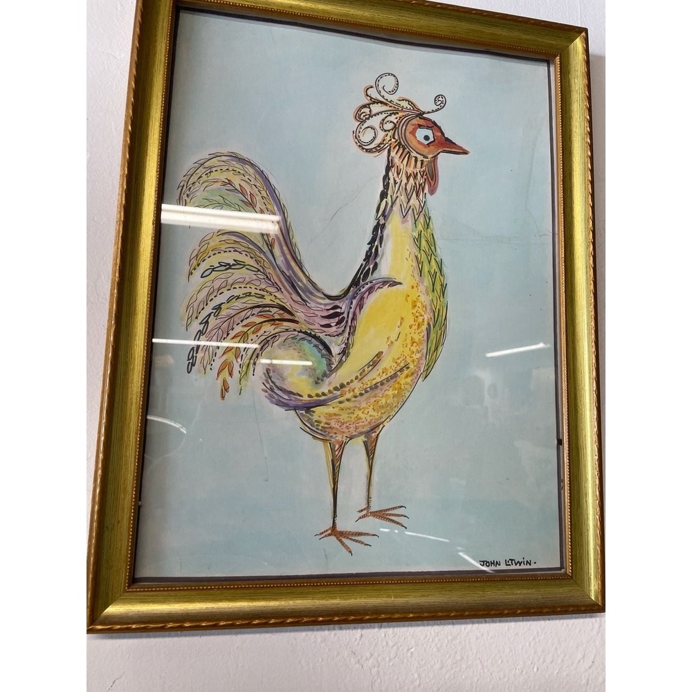 Original MCM Watercolor and Ink Rooster Painting by John Litwinโ